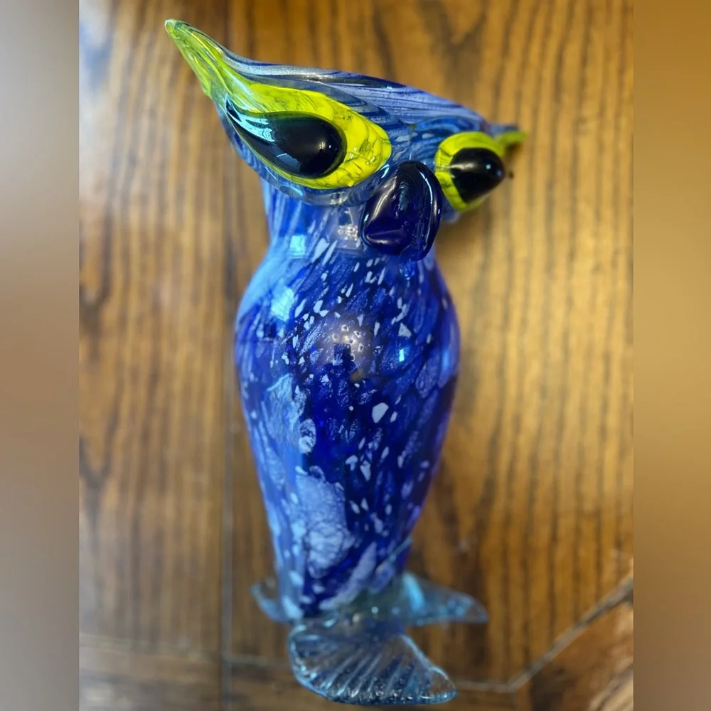 Vintage Murano Glass Hand Blown 12 Inch Tall Blue and Yellow Decorative Owl Vase